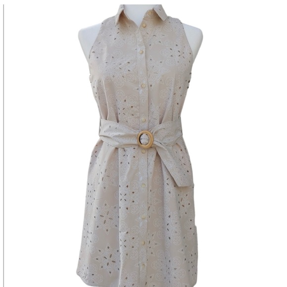 Zara Beige Cutwork Embroidered Sleeveless Belted Cotton Mini Shirt Dress Med NEW - Picture 2 of 12